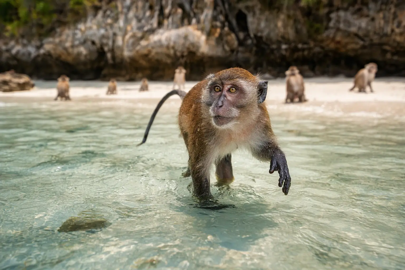 Пляж обезьян Monkey Beach на острове Пхи-Пхи Дон