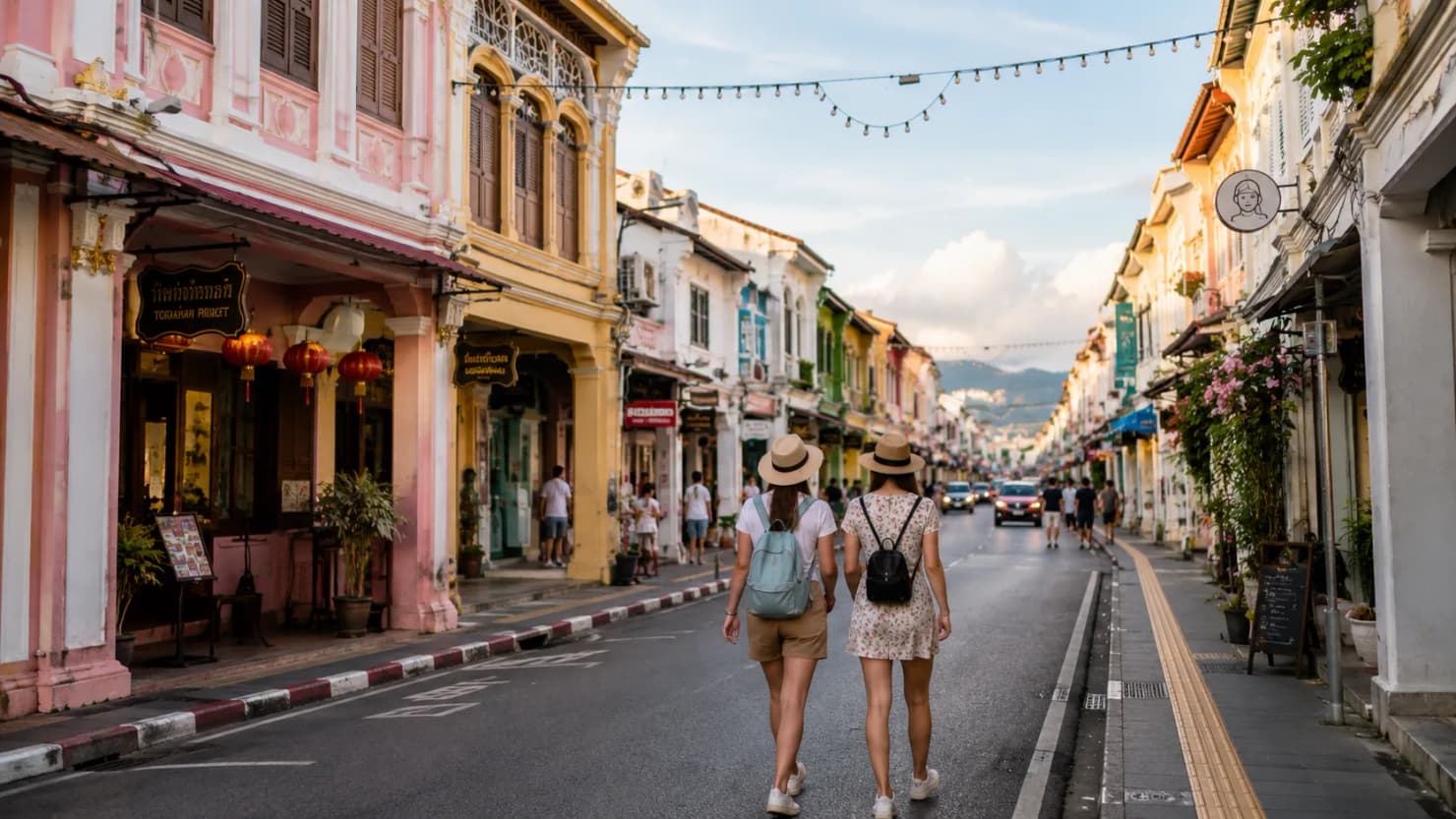 Туристы на улице Phuket Old Town во время отдыха в Таиланде